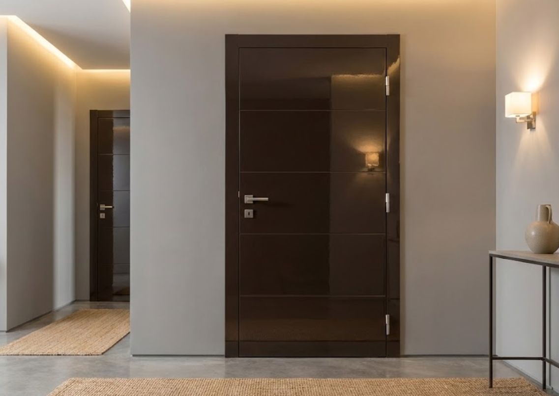 Glossy brown door in modern hallway décor - Beautiful Homes