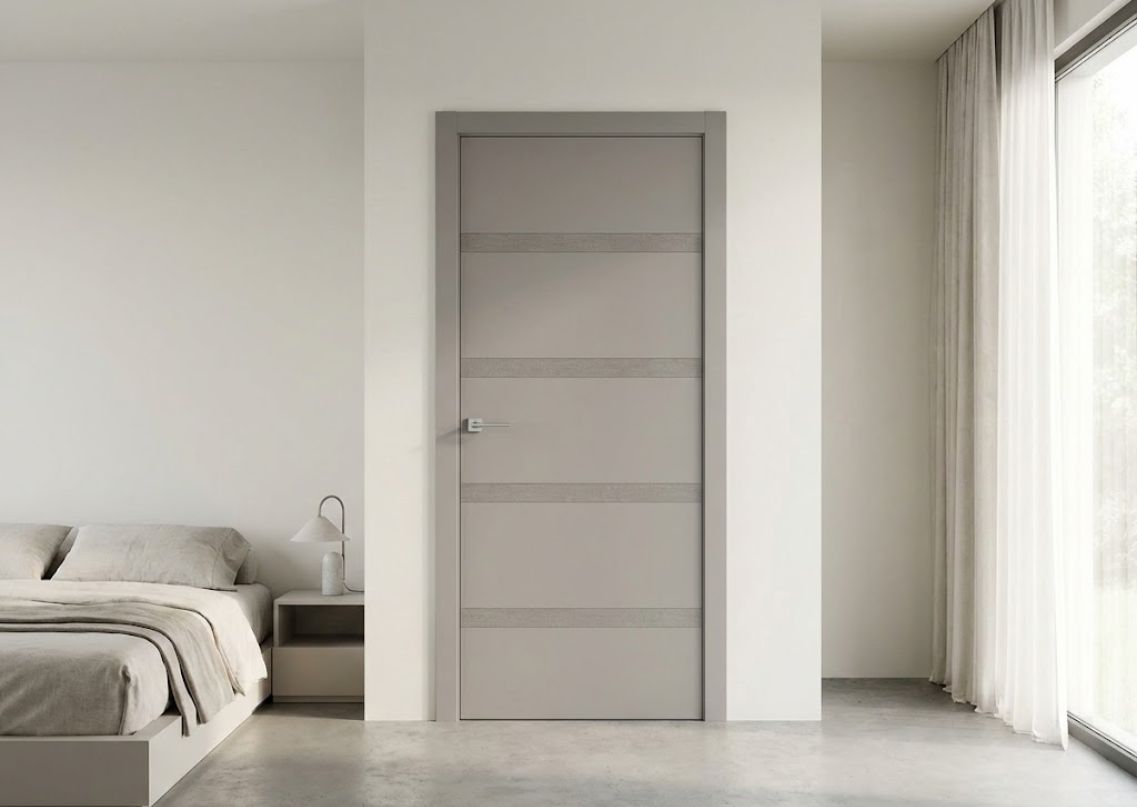 Modern bedroom with grey sliding door and décor - Beautiful Homes