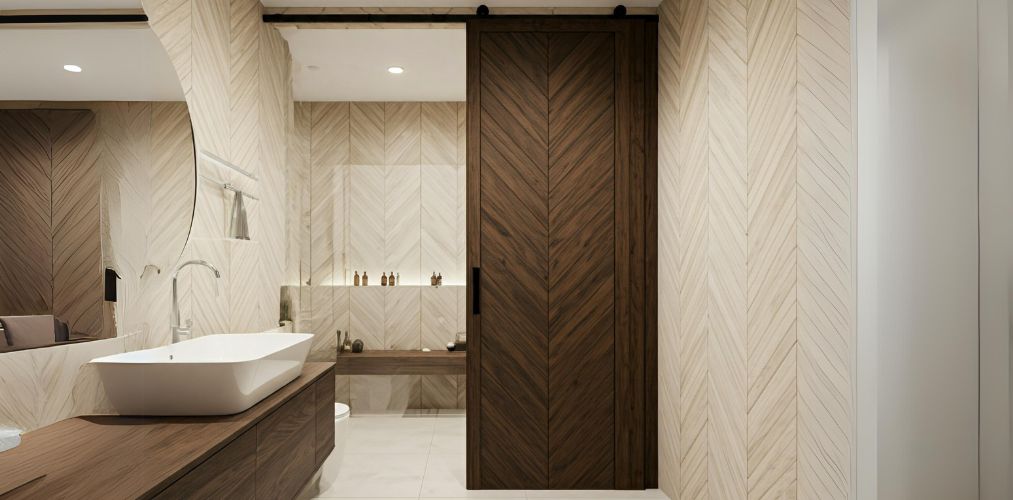 Herringbone sliding door for a contemporary bathroom - Beautiful Homes