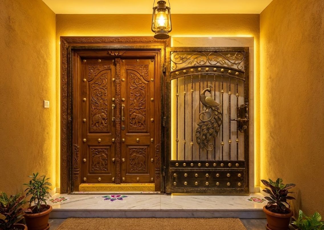 Ornate wooden door with metallic peacock gate and décor - Beautiful Homes