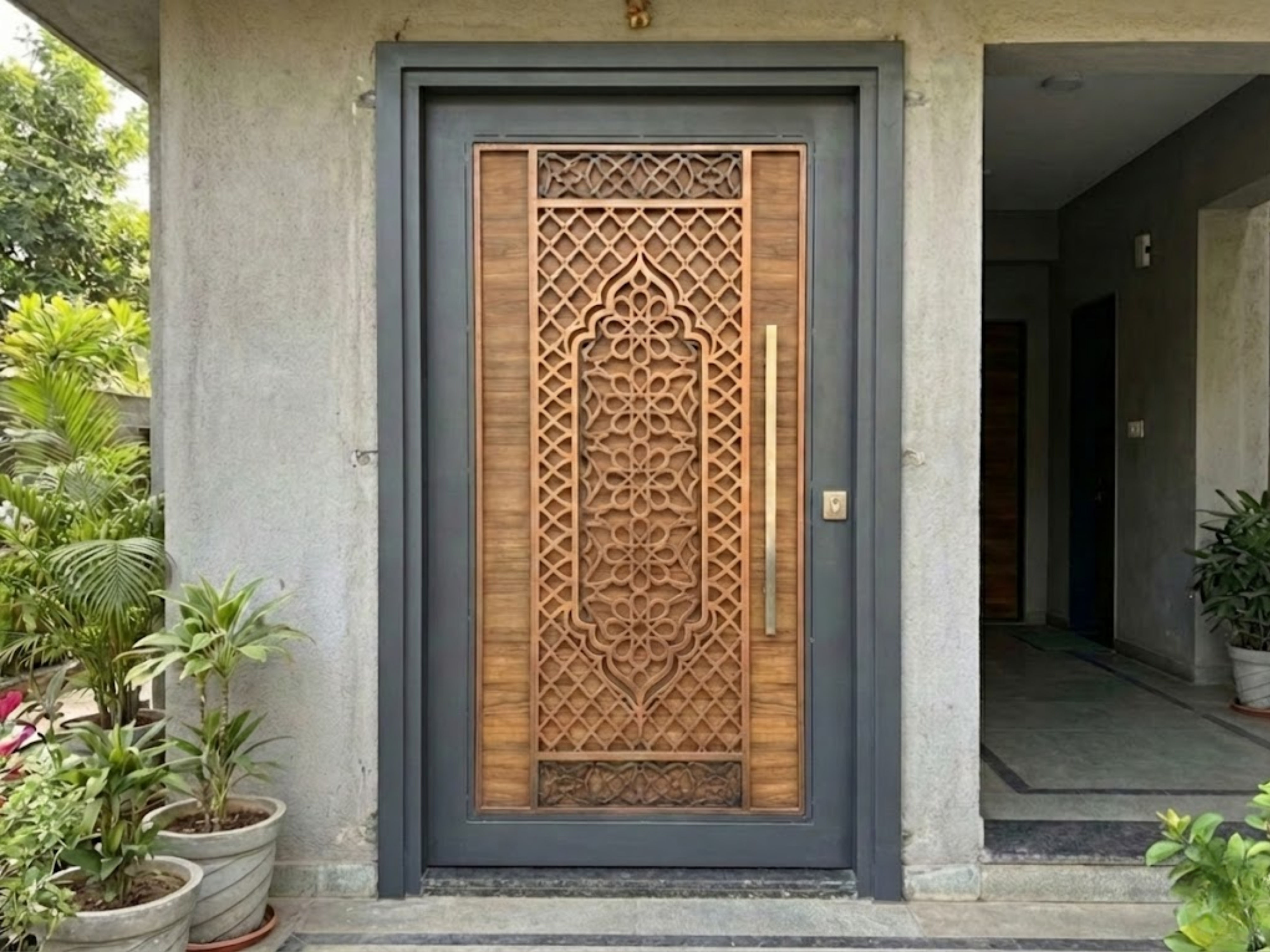 Ornate wooden door with geometric carvings - Beautiful Homes