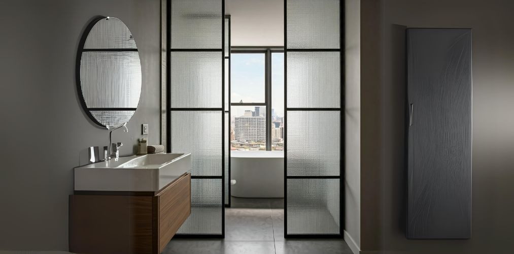 Industrial glass panel door for a grey bathroom - Beautiful Homes