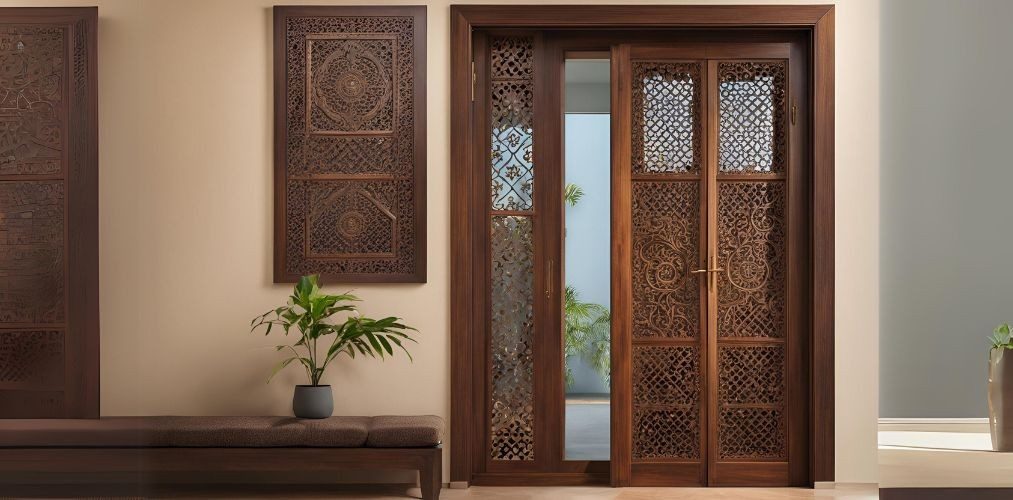 Intricate wooden jali door for pooja room - Beautiful Homes