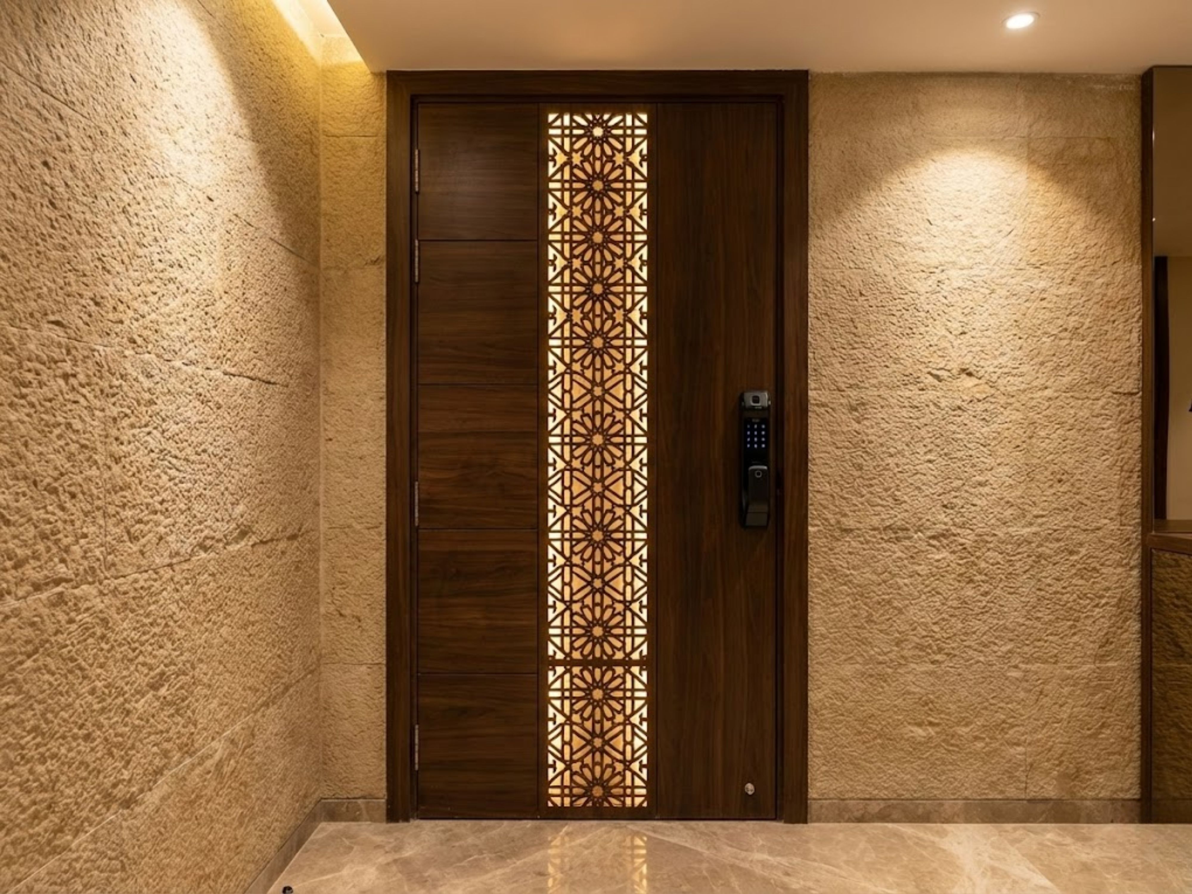Illuminated wooden door with sandstone wall and marble floor - Beautiful Homes