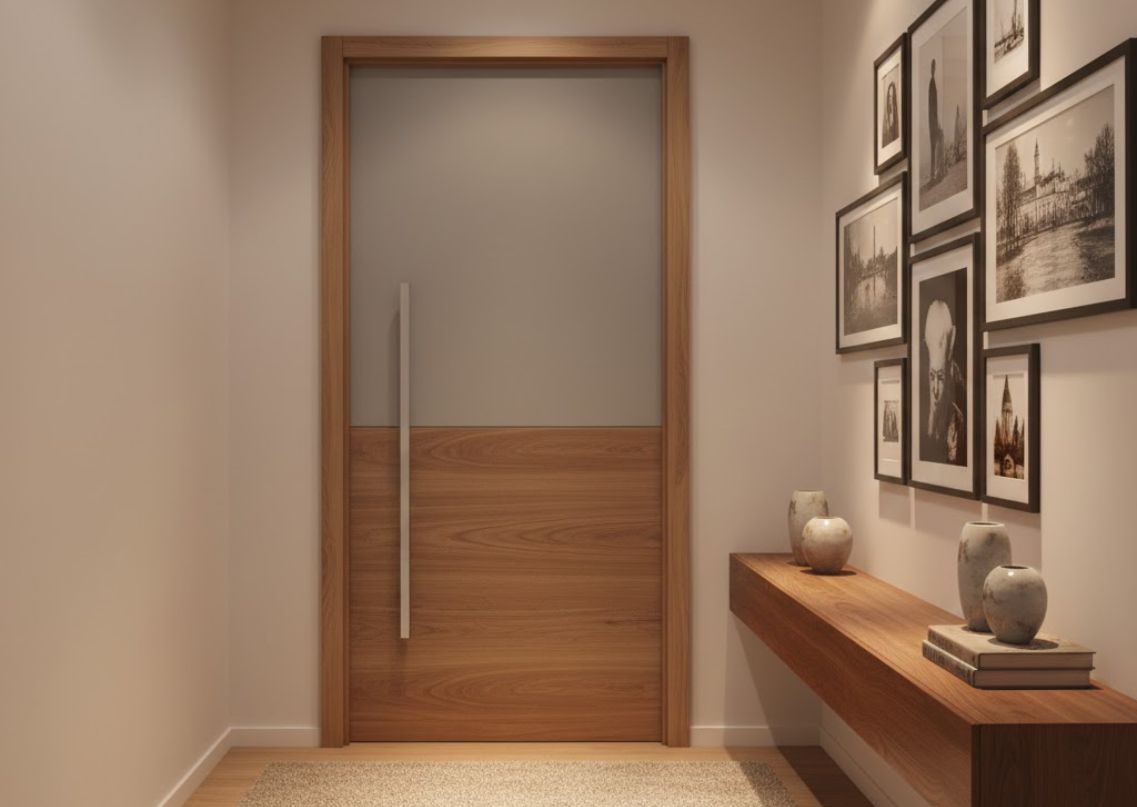 Entryway with wooden door and floating console - Beautiful Homes