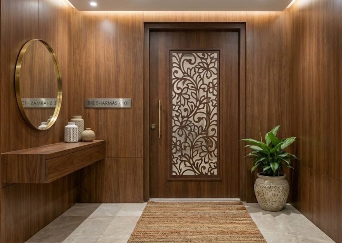 Elegant door with floral metal panel and signage - Beautiful Homes