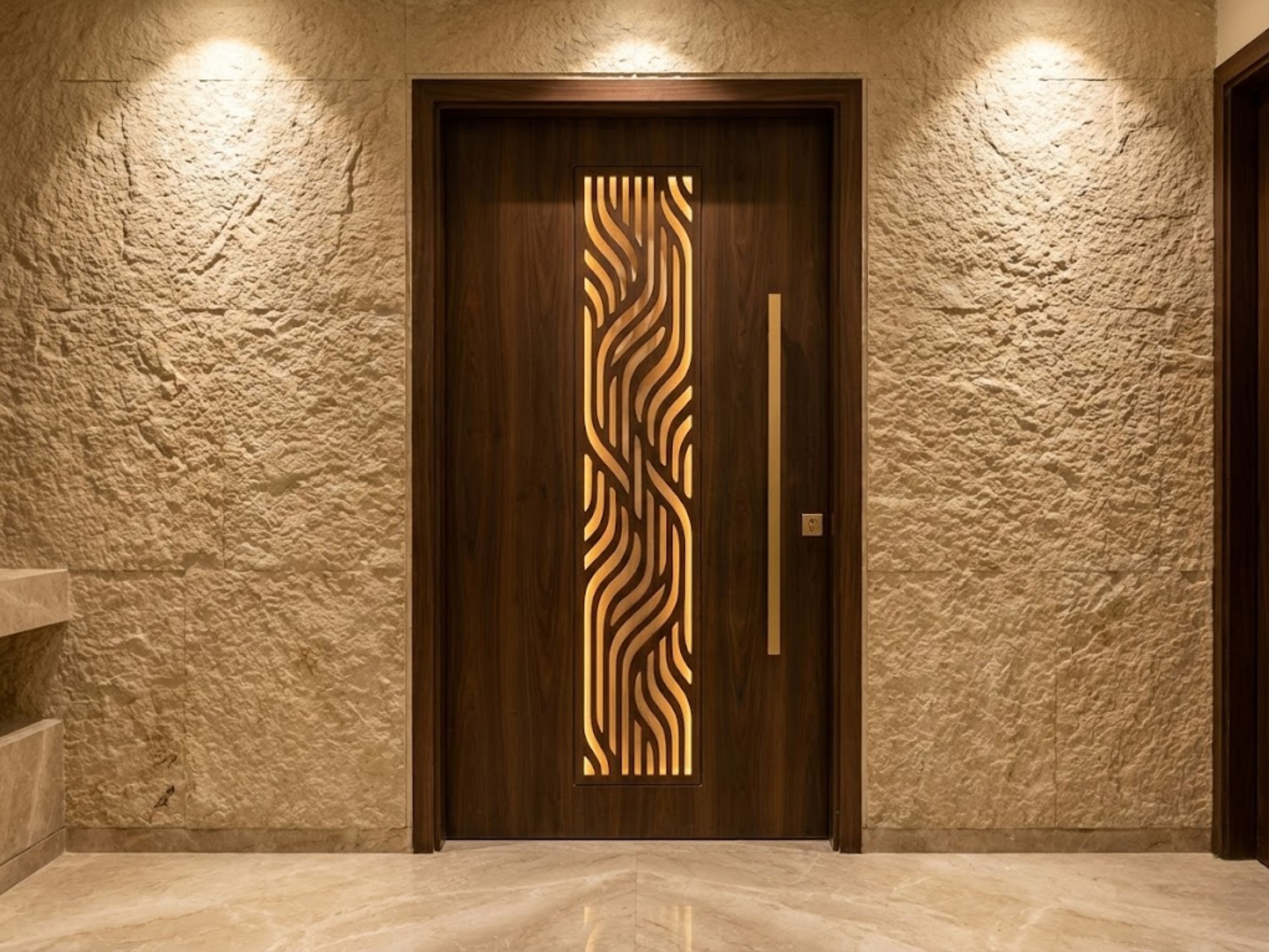 Wooden door with backlit panel and textured wall - Beautiful Homes