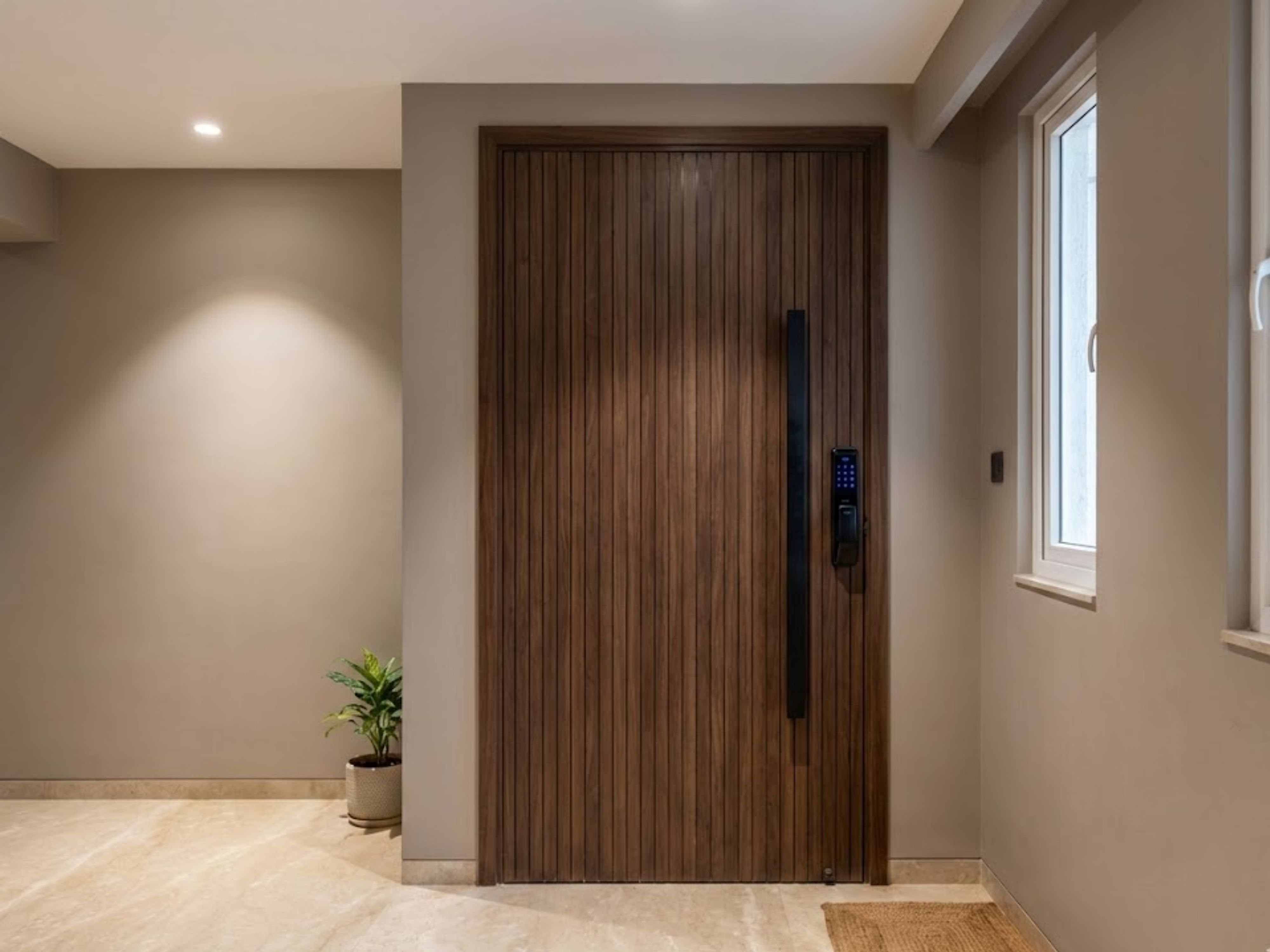 Wooden door with sleek handle and smart lock - Beautiful Homes