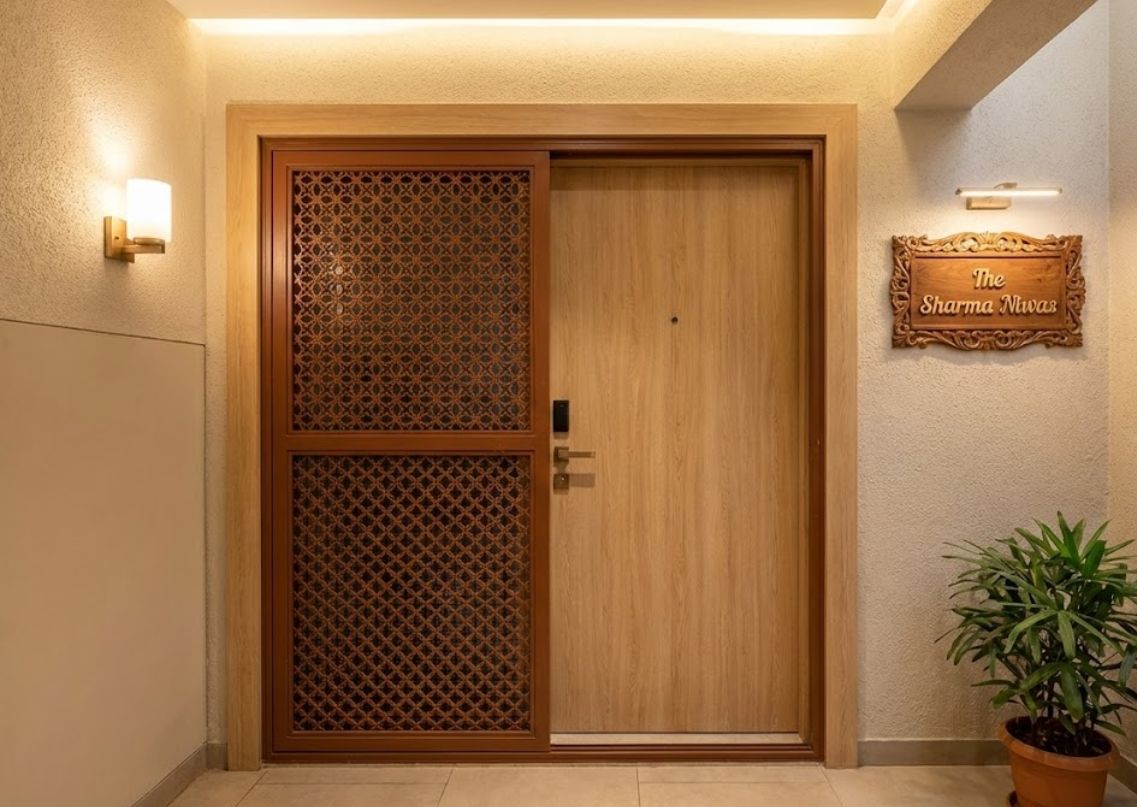 Modern wooden door with décor and warm lighting - Beautiful Homes