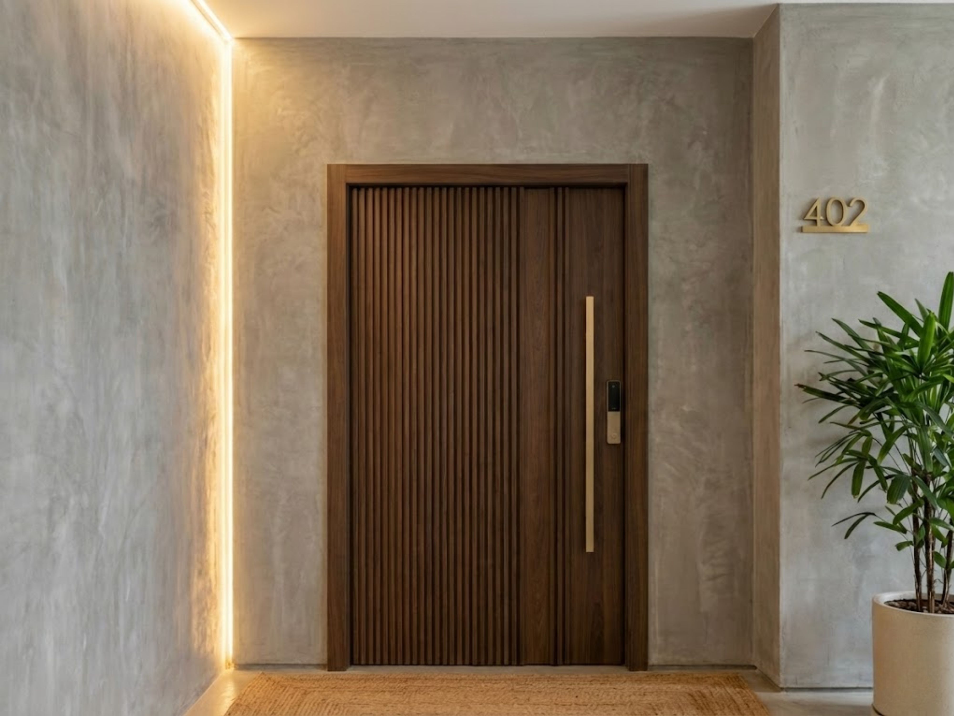 Vertical wooden door with concrete textured walls - Beautiful Homes
