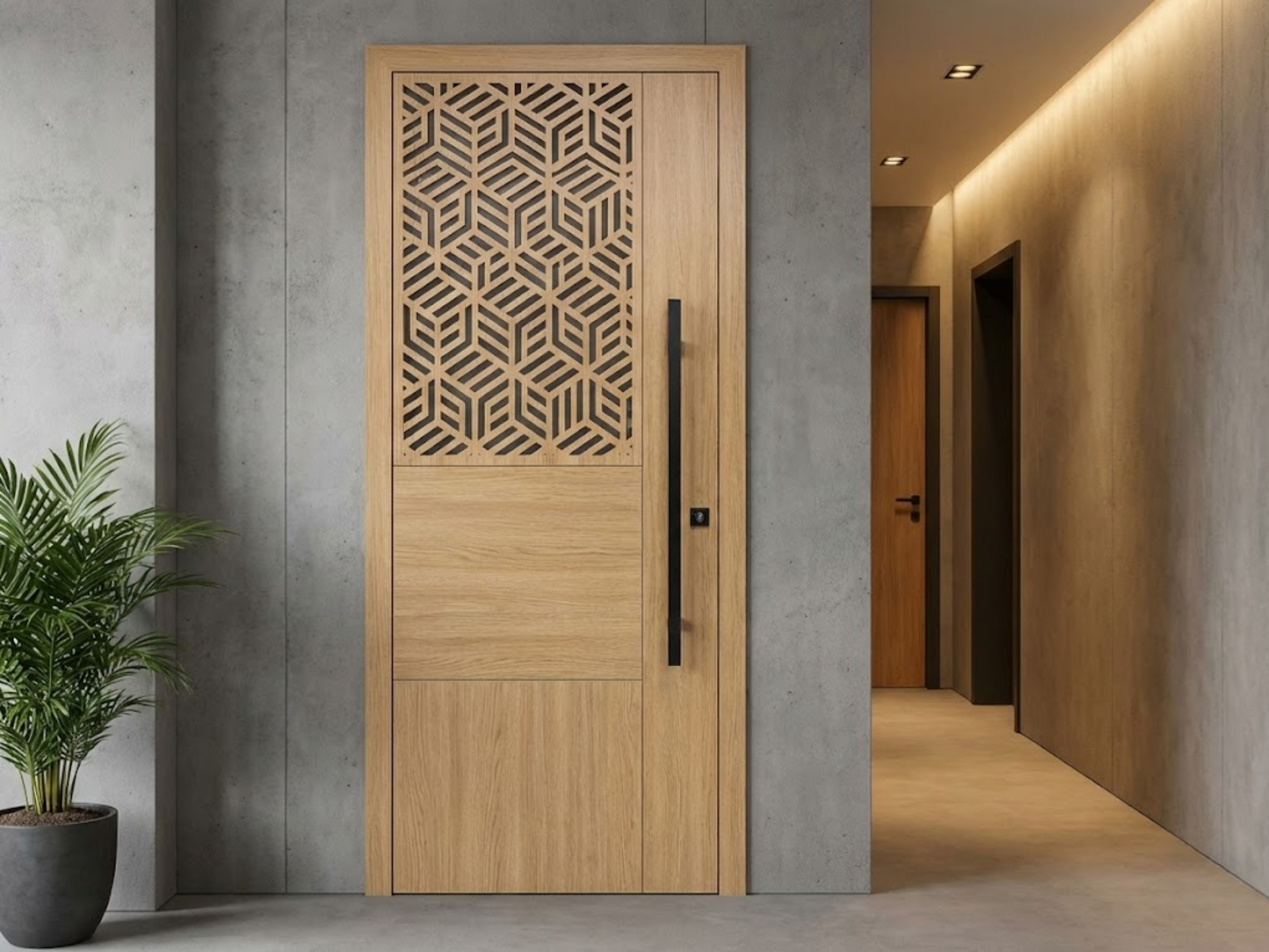 Modern wooden door with geometric design and handle - Beautiful Homes