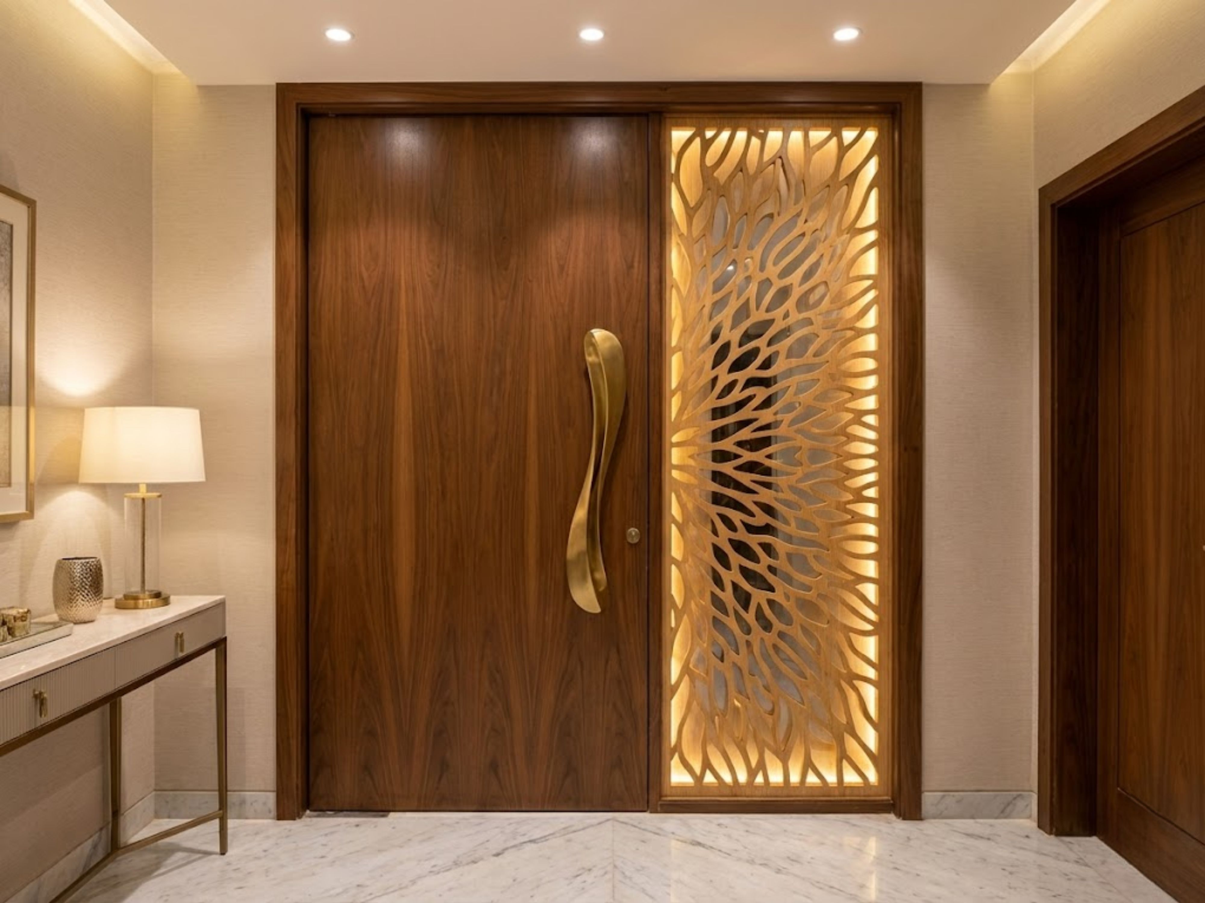 Wooden door with gold handle and backlit panel - Beautiful Homes