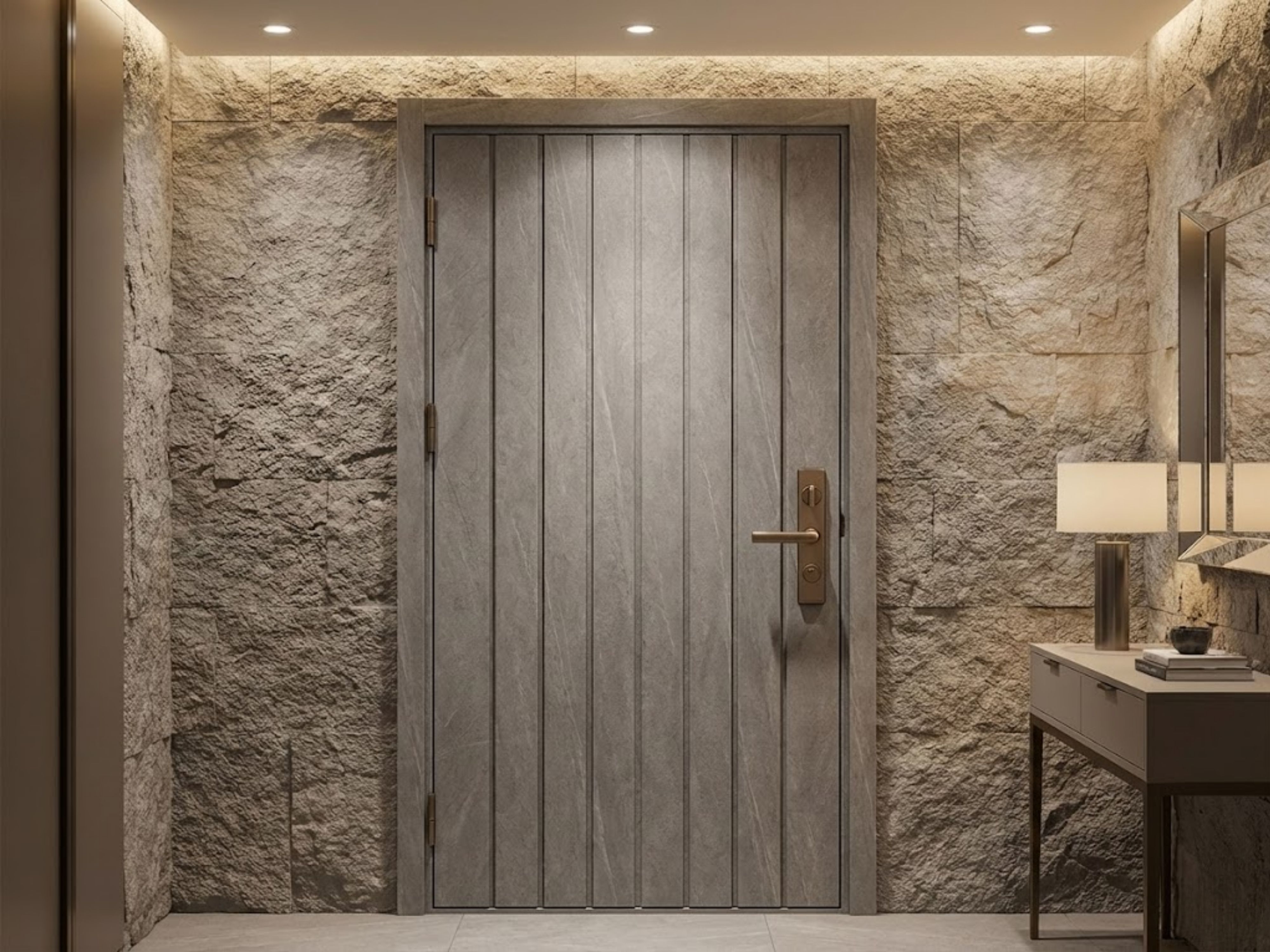 Modern door with stone wall and warm lighting - Beautiful Homes