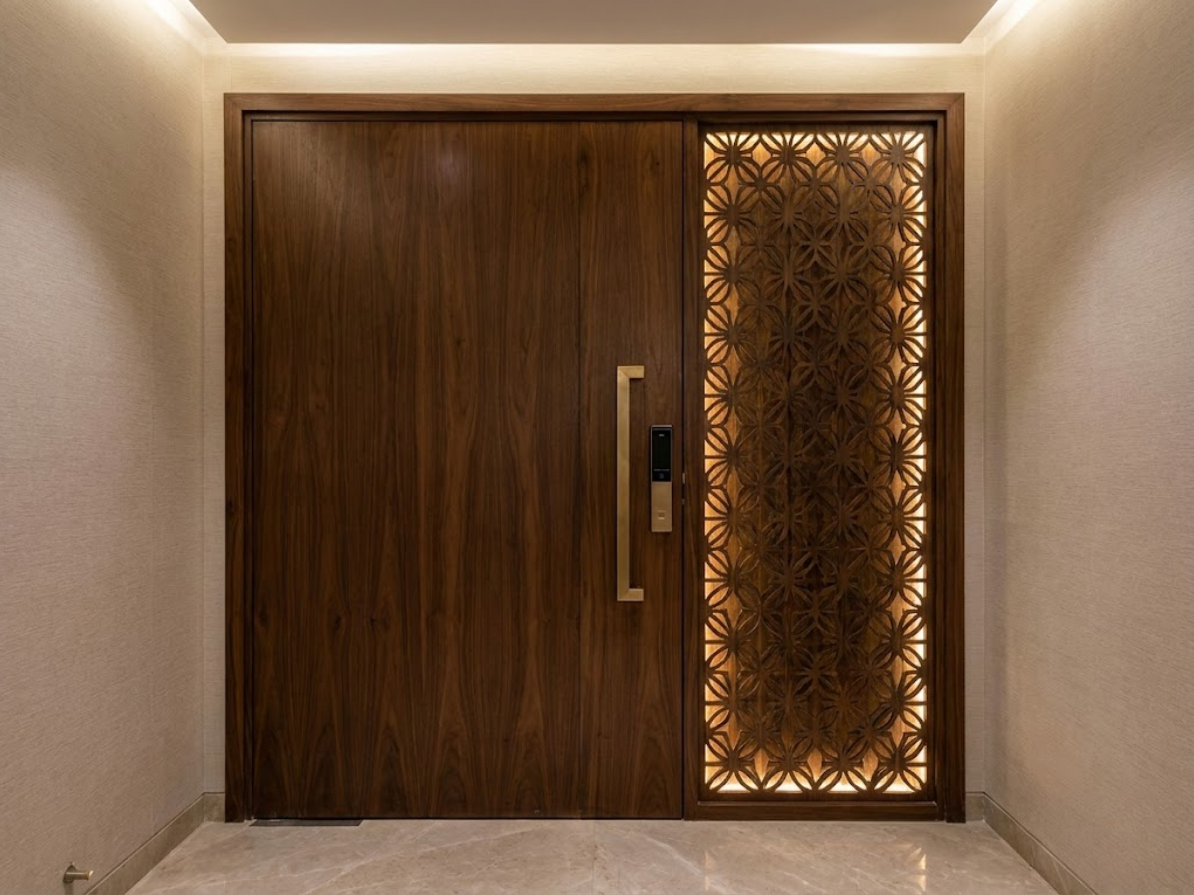 Wooden door with carved floral panel and gold handle - Beautiful Homes