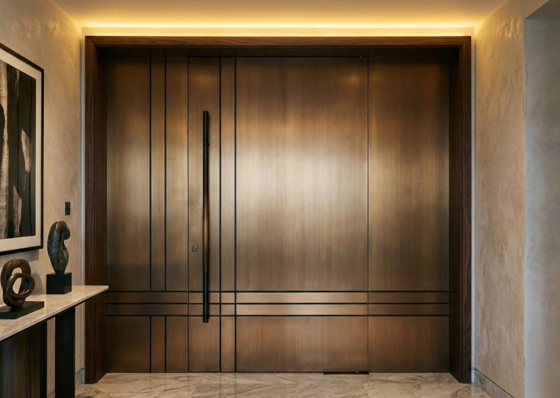 Bronze door with geometric patterns and marble flooring - Beautiful Homes