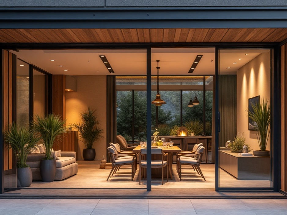 Large dark-framed sliding glass door - Beautiful Homes