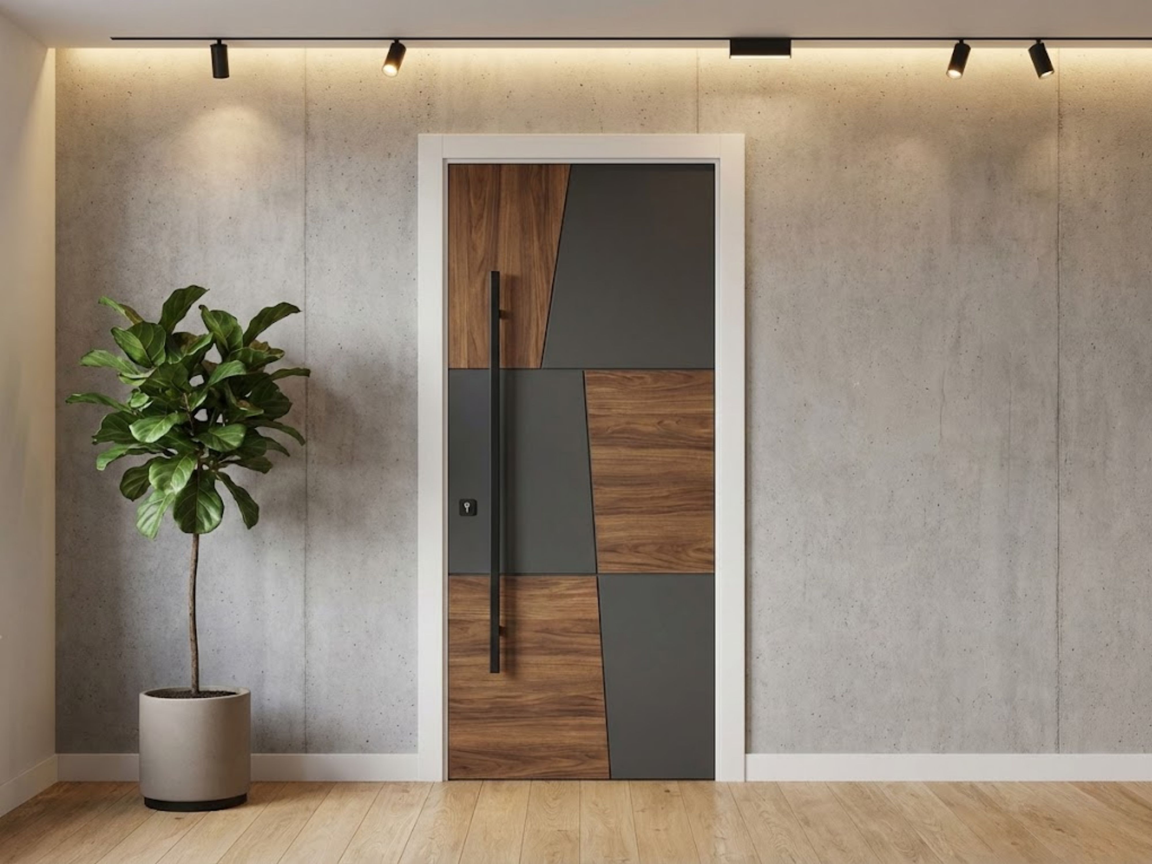 Black perforated door with plants and coir mat - Beautiful Homes