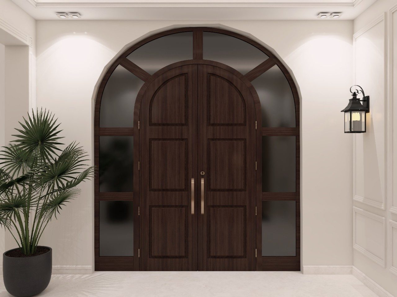 Modern arch shaped dark wooden door with glass - Beautiful Homes