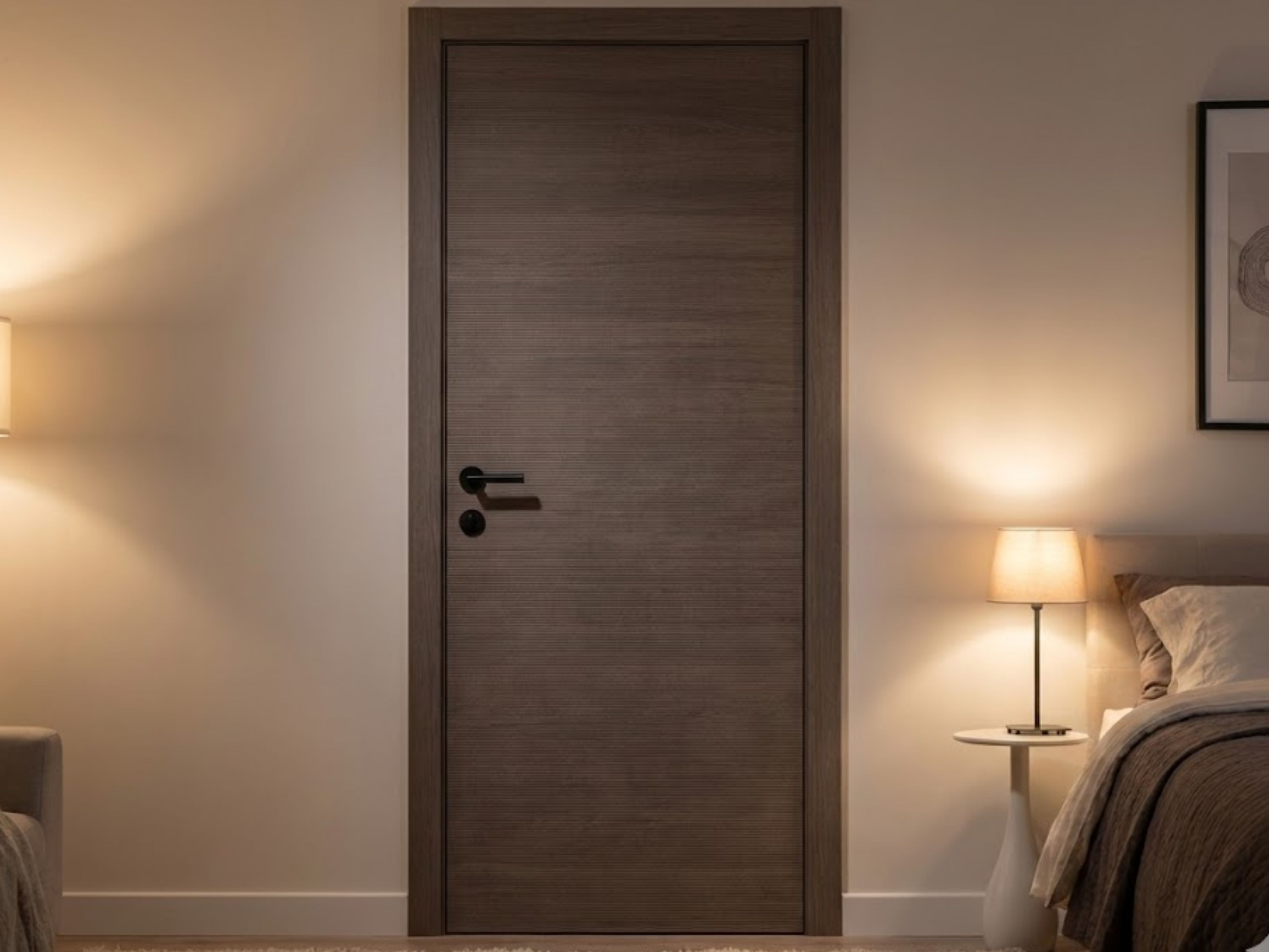 Wooden door in a cozy bedroom with soft lighting - Beautiful Homes