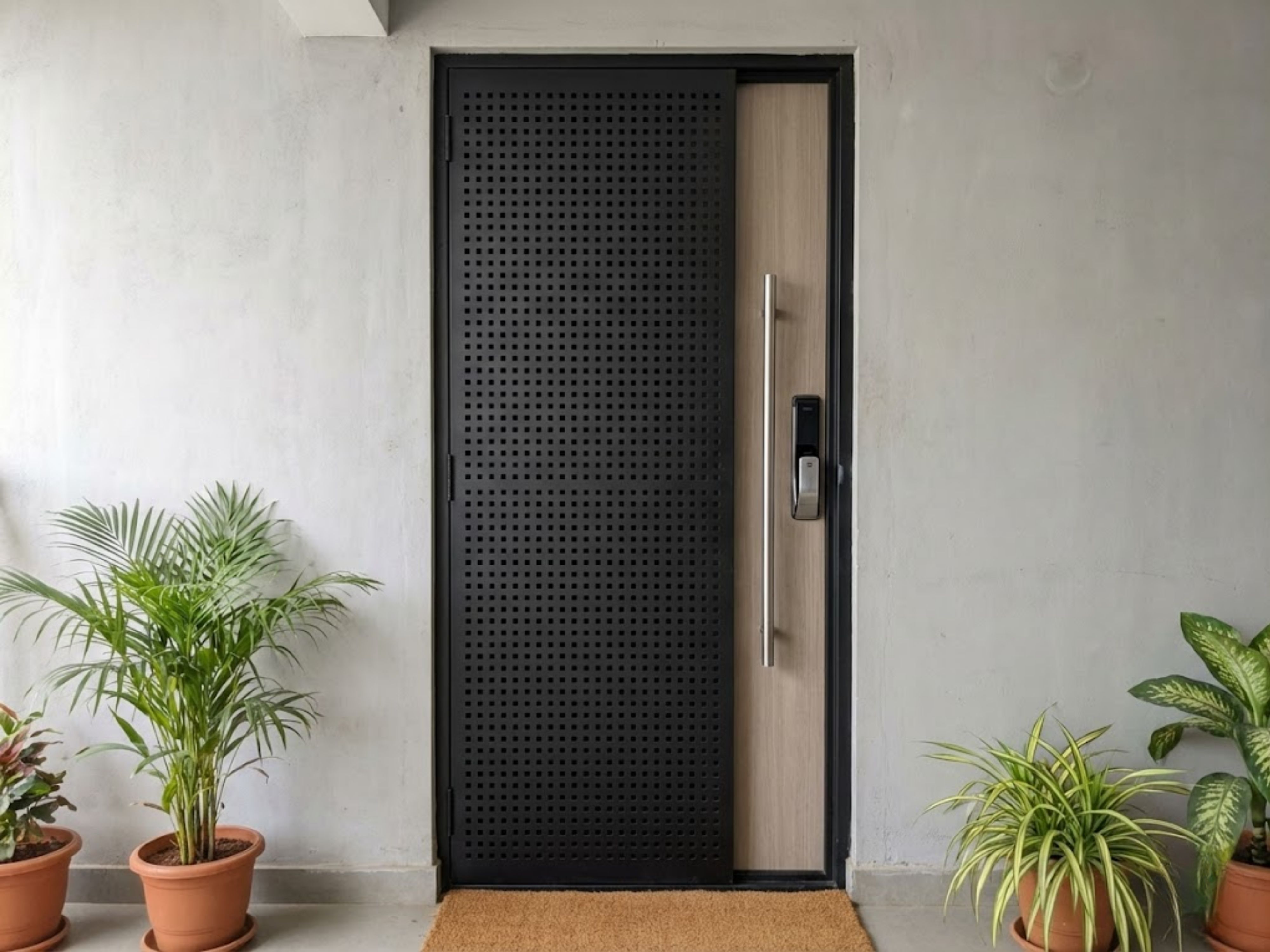 Blue wooden door with plant and natural light - Beautiful Homes