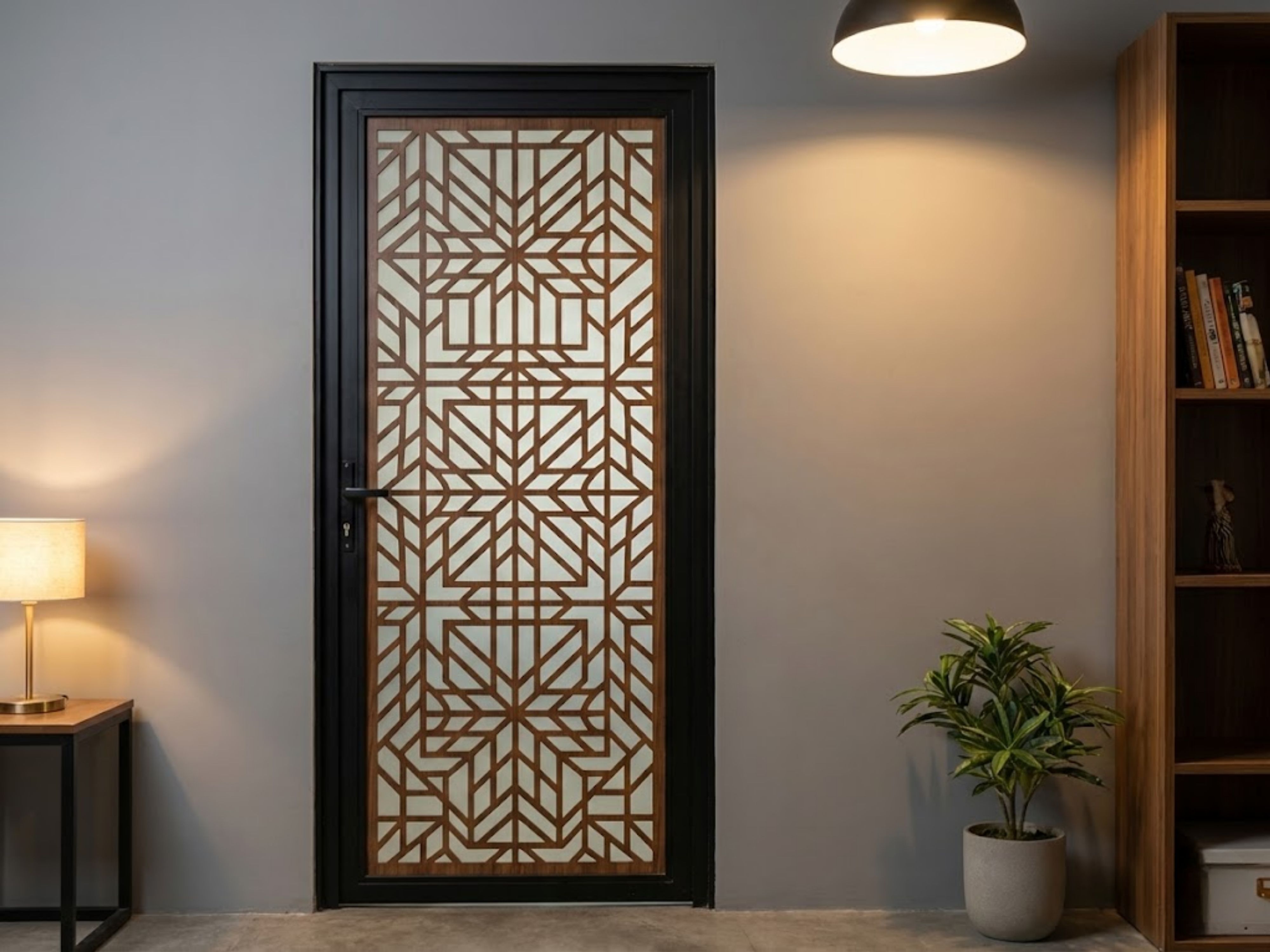 Wooden door with frosted glass and geometric design - Beautiful Homes