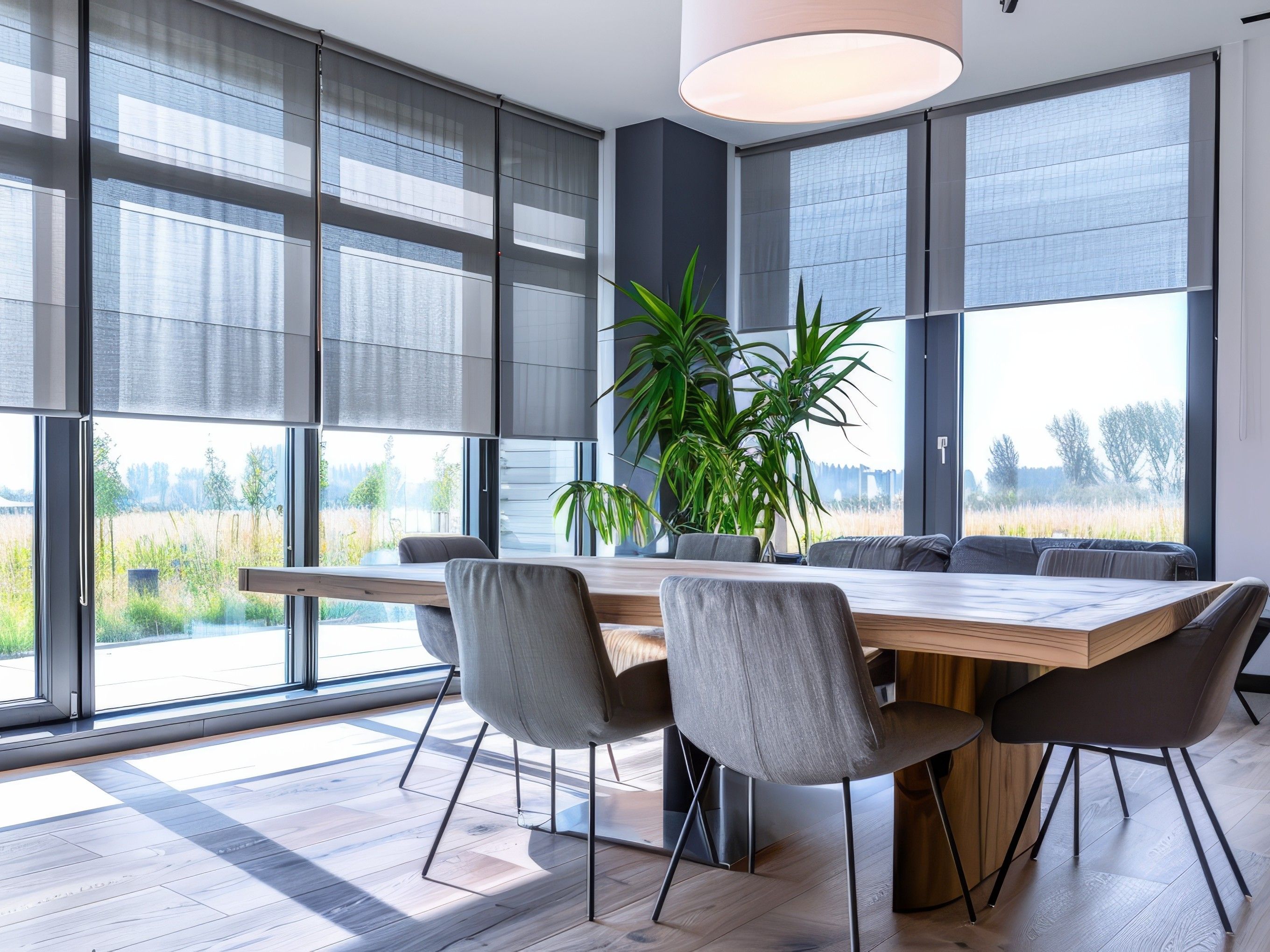 Bright dining room with large wooden table, gray chairs, and floor-to-ceiling windows - Beautiful Homes