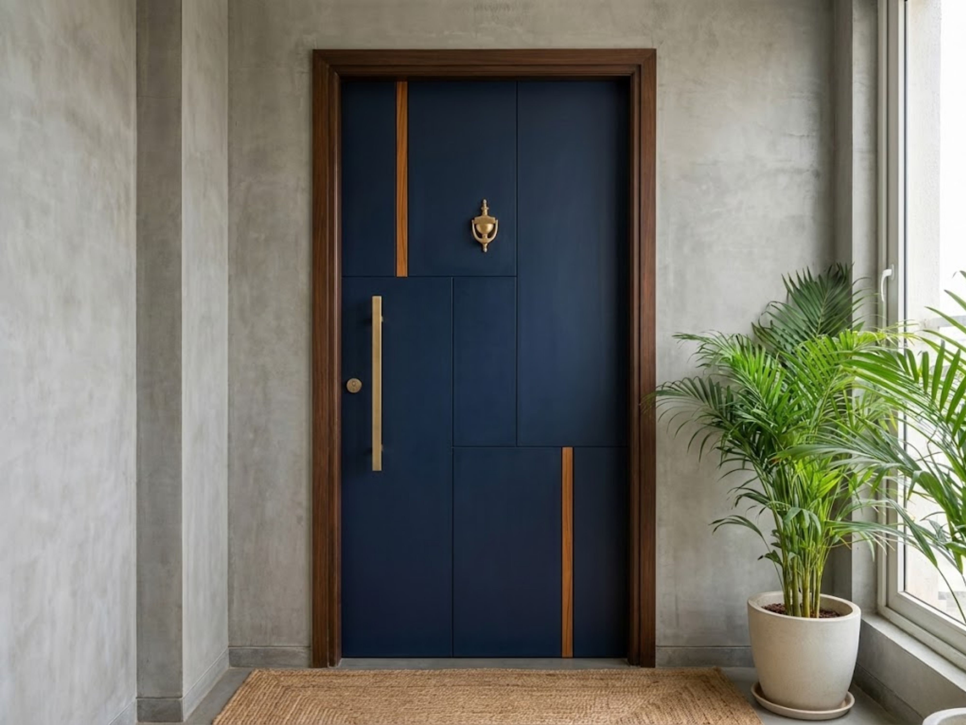 Modern wooden door with concrete wall backdrop - Beautiful Homes