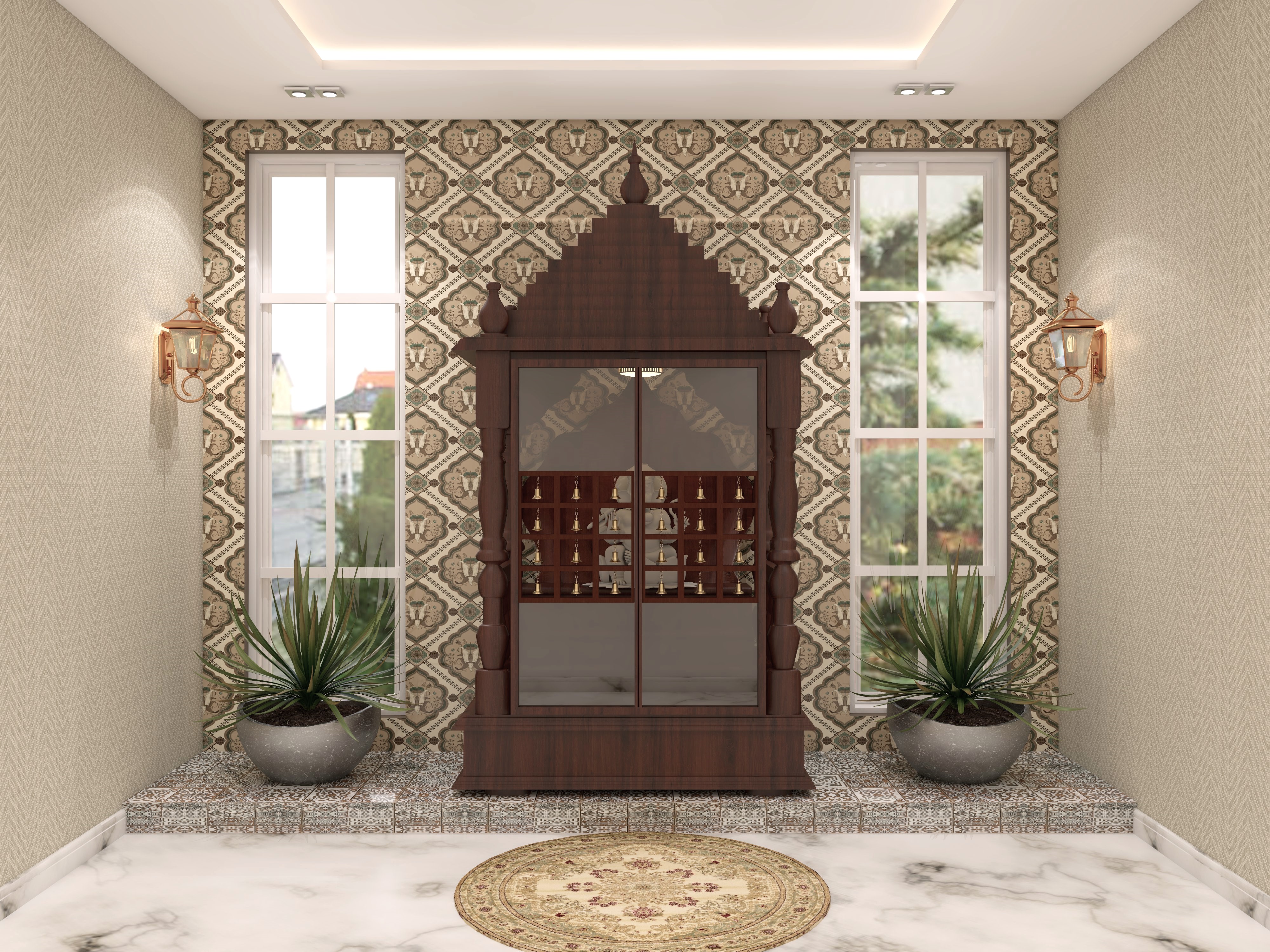 Modern indian puja unit door with CNC cut and glass - Beautiful Homes