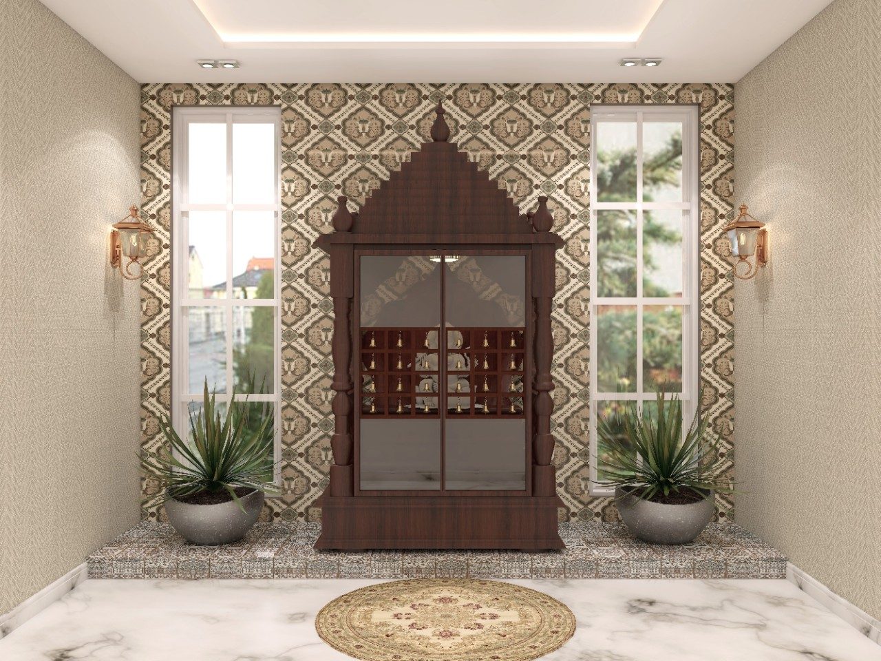 Modern indian puja unit door with CNC cut and glass - Beautiful Homes