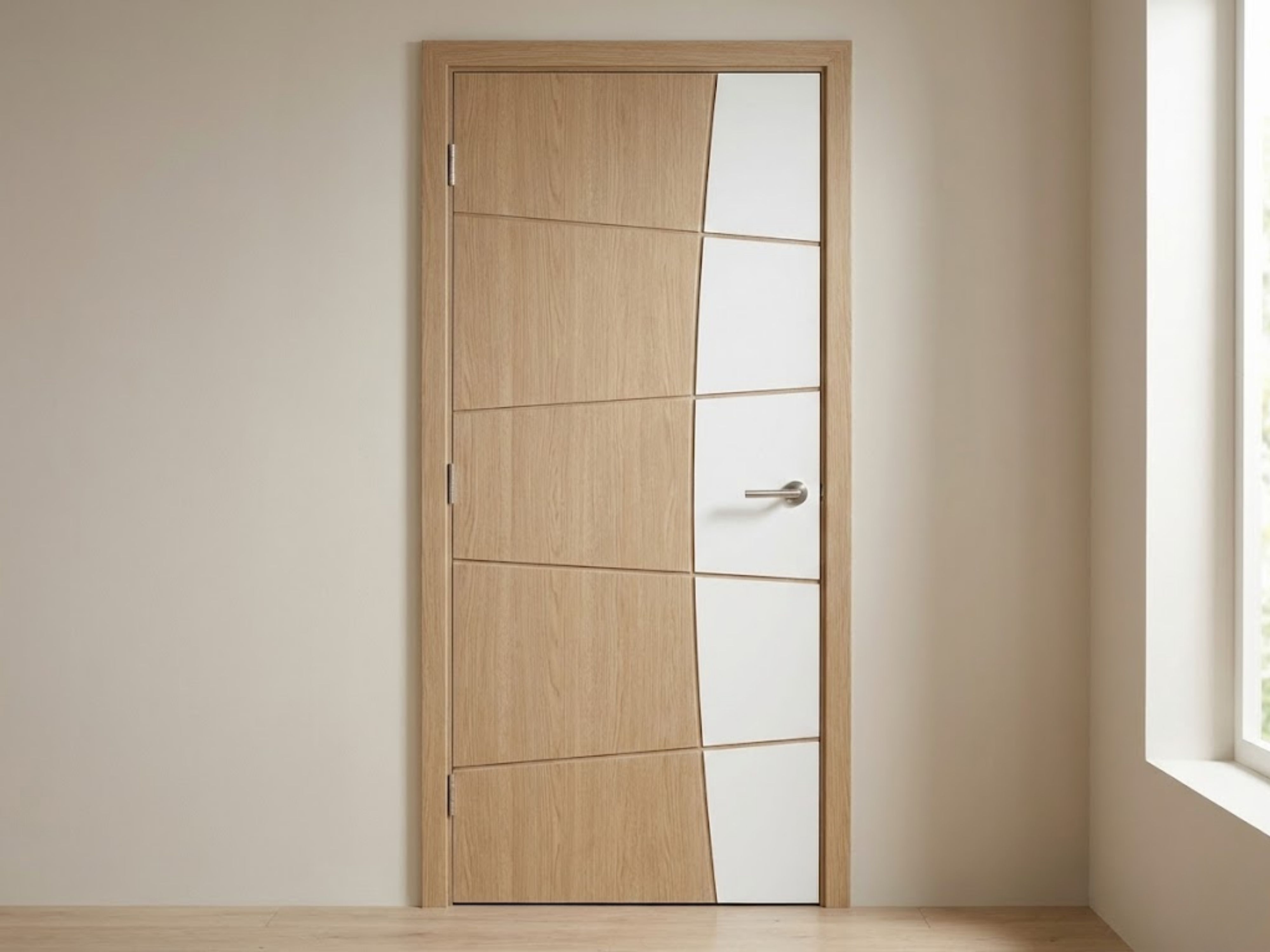 Wooden door with curved white panels and handle - Beautiful Homes