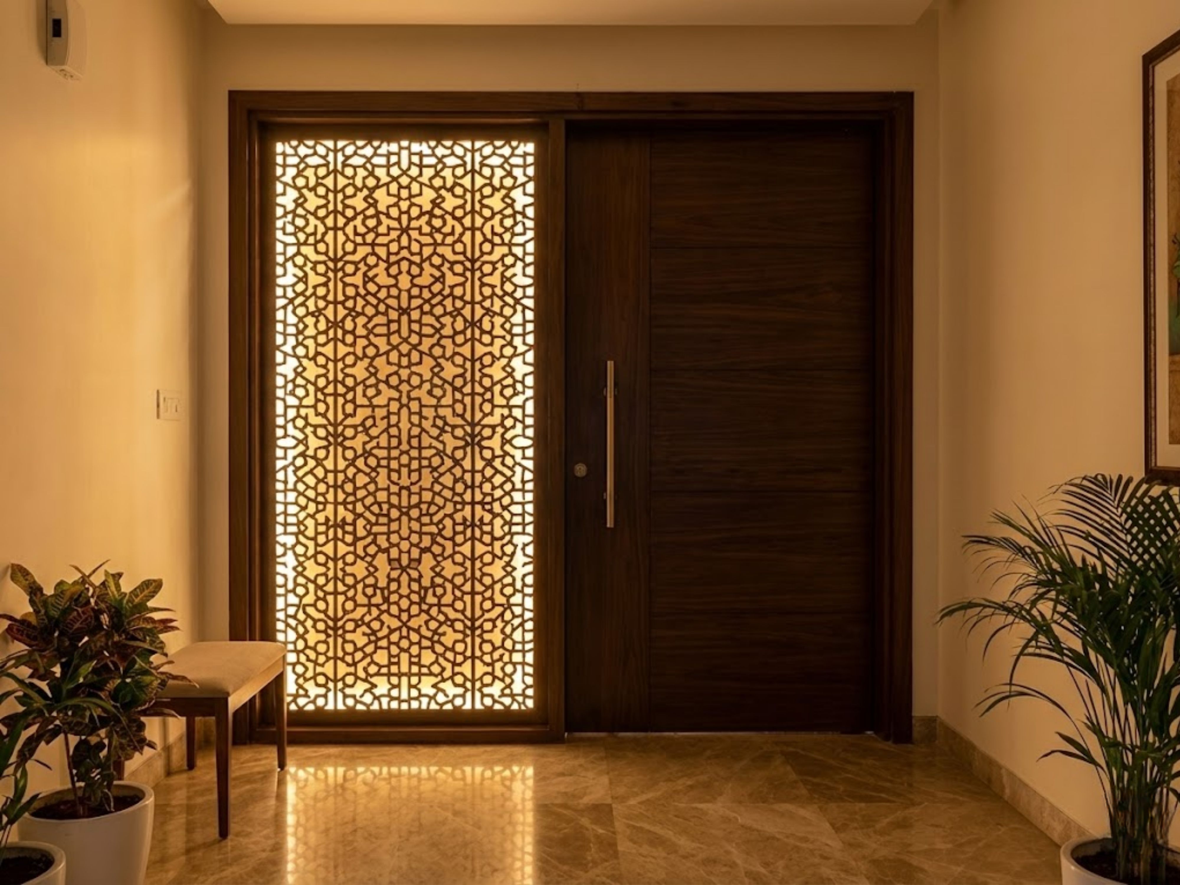 Illuminated wooden door with lattice design and plants - Beautiful Homes