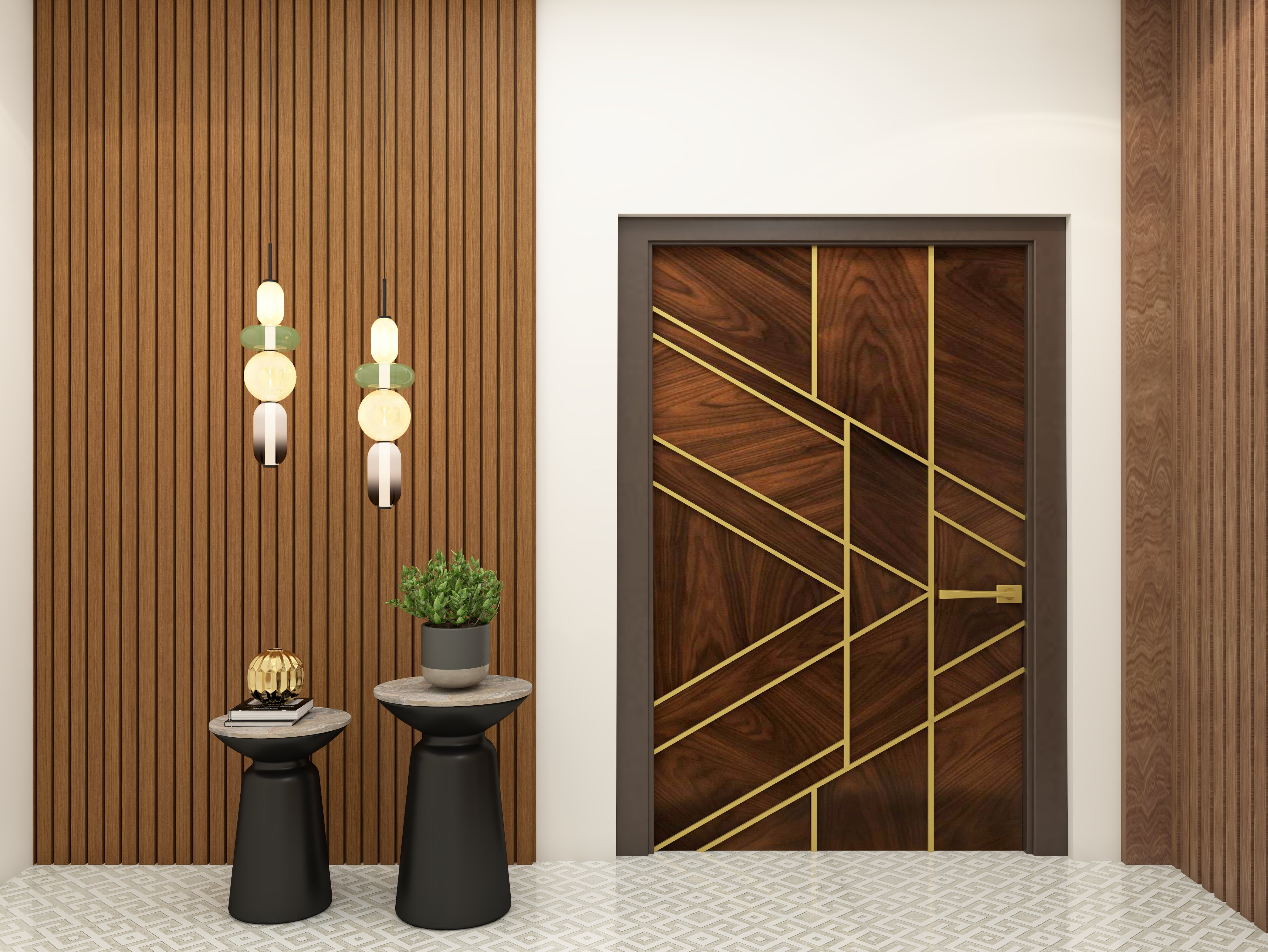 Modern wooden sunmica door with gold metal inserts - Beautiful Homes