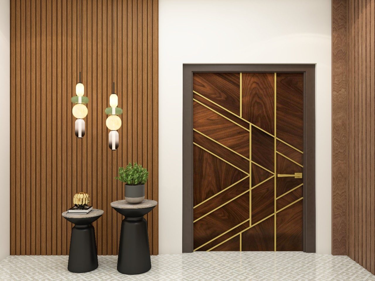 Modern wooden sunmica door with gold metal inserts - Beautiful Homes