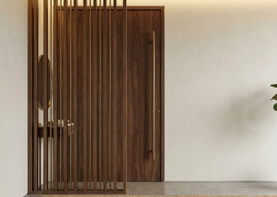 Modern wooden slats and entry door with sleek handle - Beautiful Homes