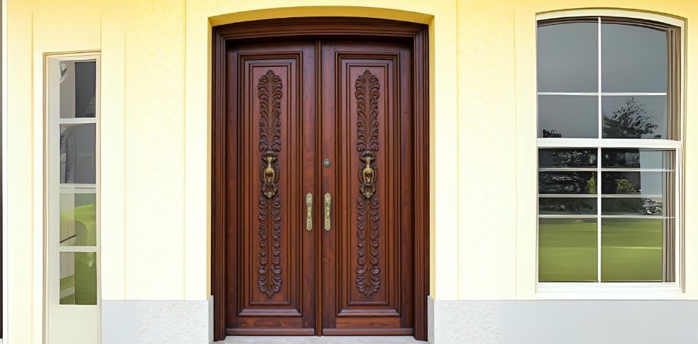 Solid wood main door design with carvings - Beautiful Homes