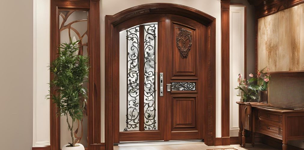 Solid wood main door design with metal jali - Beautiful Homes