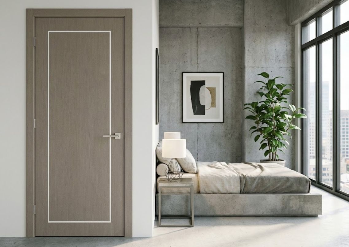 Minimalist bedroom with grey tones and large windows - Beautiful Homes