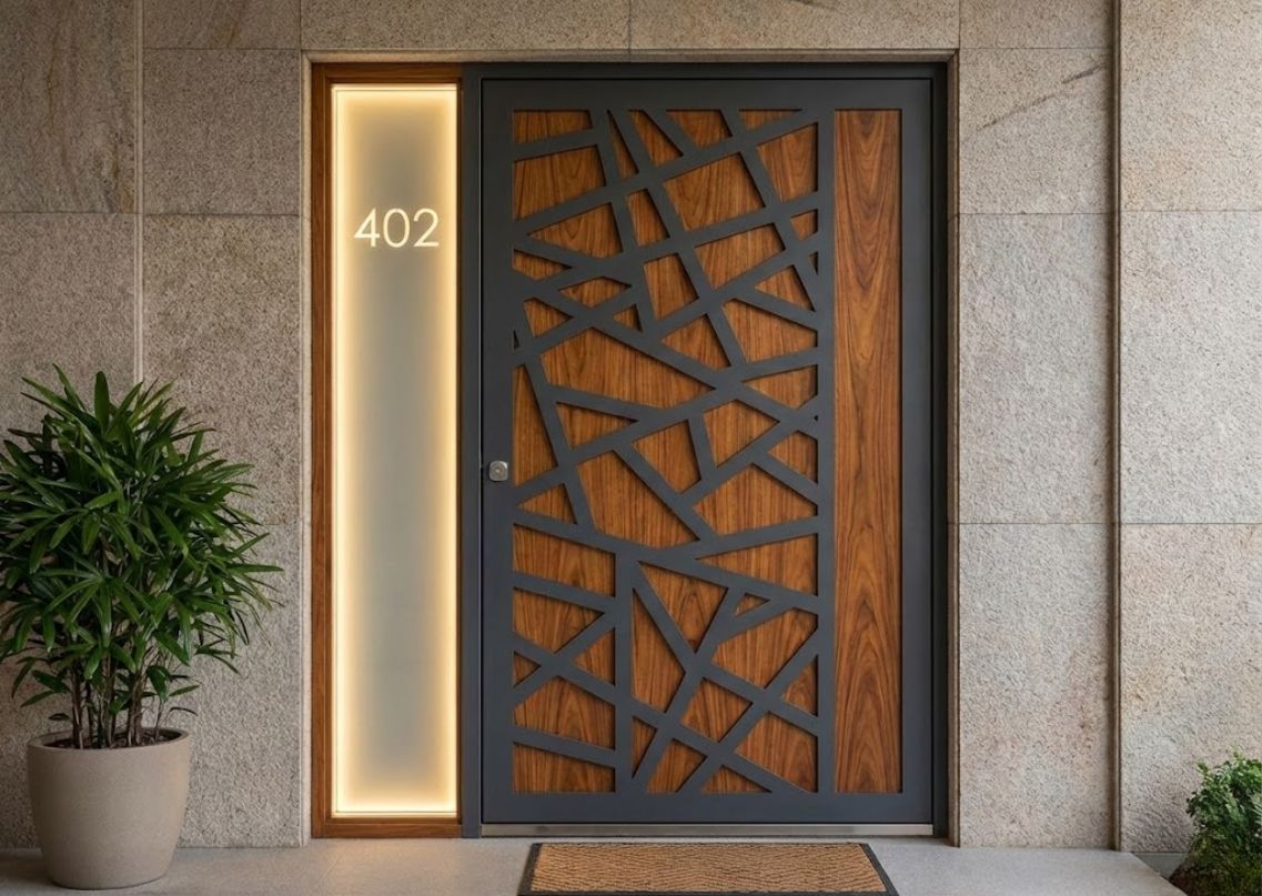 Modern wooden door with geometric design and lighting - Beautiful Homes