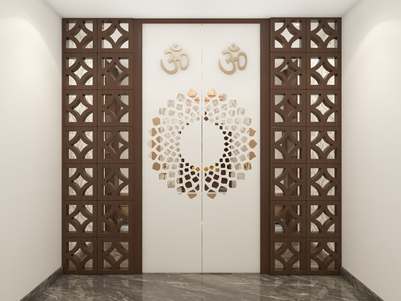 Traditional white puja room door with CNC cut - Beautiful Homes