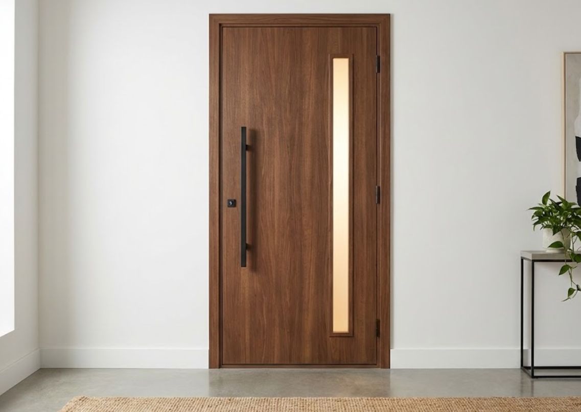 Wooden door with glass panel and black handle - Beautiful Homes