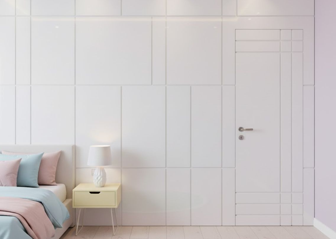 Modern bedroom with white panel wall and pastel décor - Beautiful Homes
