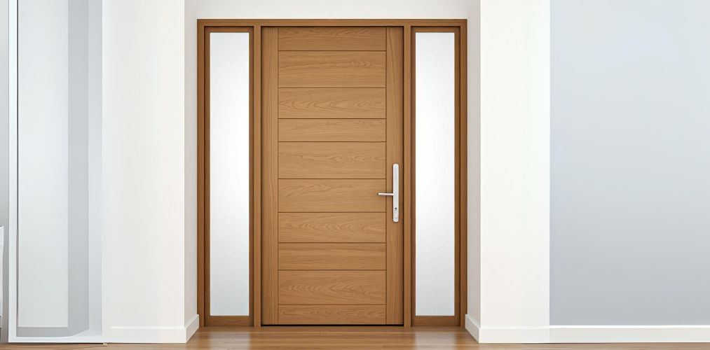 Wooden main door with steel handle and glass sides - Beautiful Homes