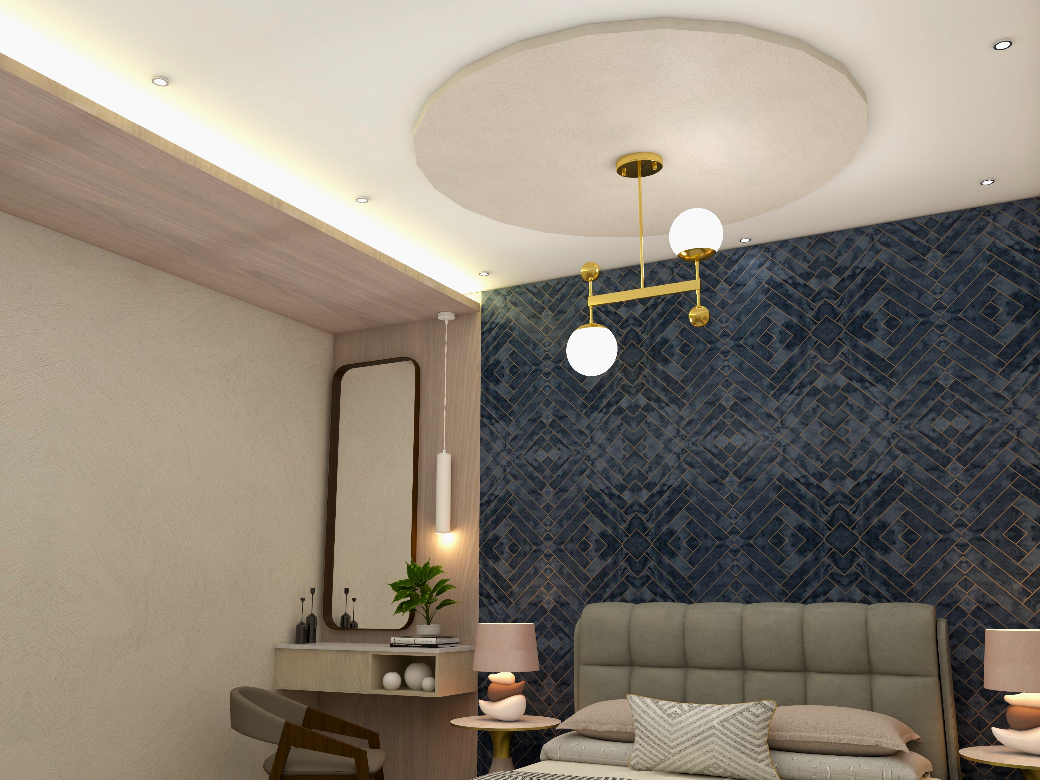 Bedroom circular ceiling design with POP and minimalistic chandelier-Beautiful Homes