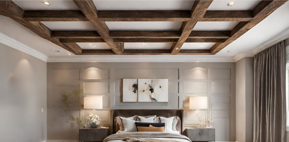 Bedroom false ceiling design with 3d wooden beams-Beautiful Homes