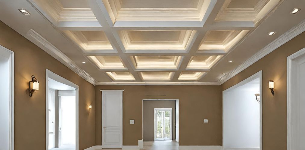 Coffered false ceiling with cove lighting for foyer-Beautiful Homes