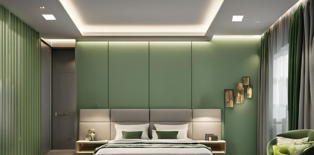 Contemporary cove false ceiling for grey and green bedroom - Beautiful Homes