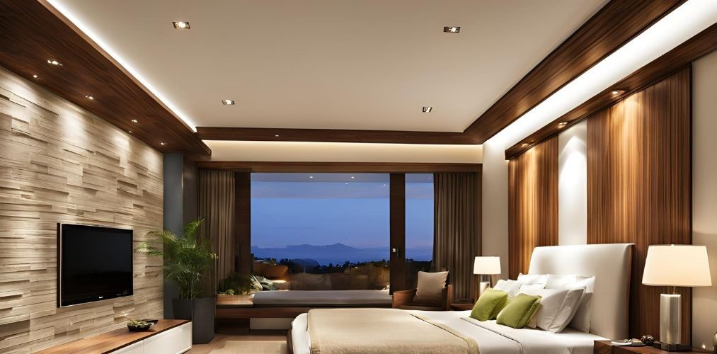 Contemporary peripheral bedroom false ceiling with wooden panels - Beautiful Homes