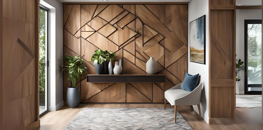 Contemporary wooden foyer design with geometric accent wall - Beautiful Homes