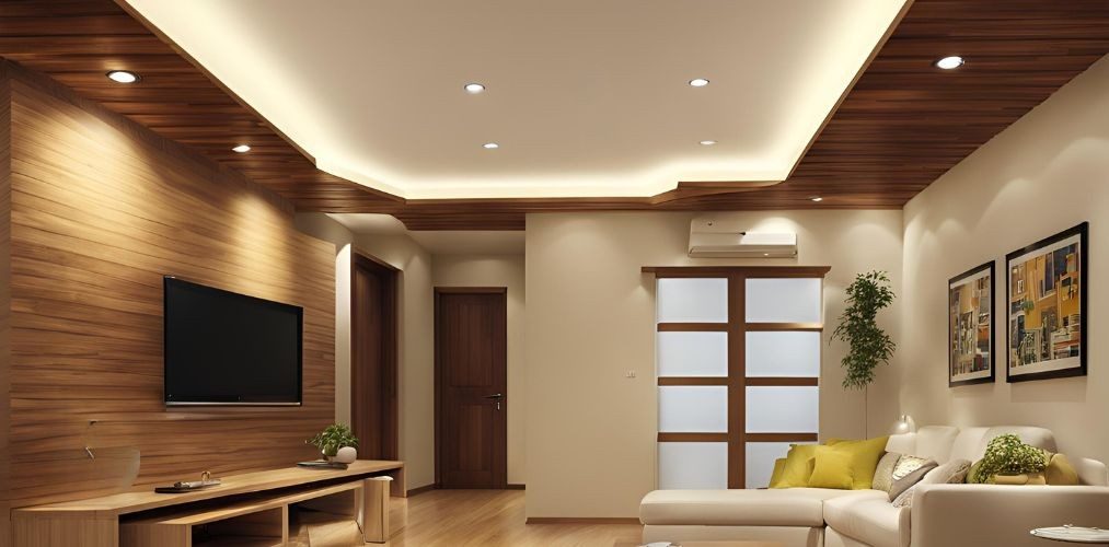 Cove ceiling design with wooden panels on the periphery - Beautiful Homes