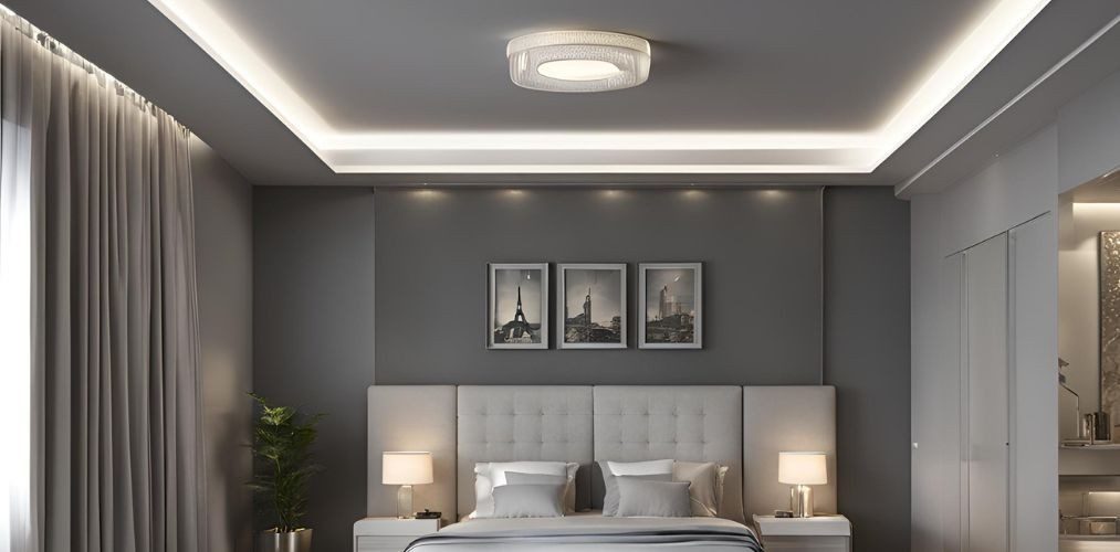 Grey double-layered gypsum false ceiling design for bedroom - Beautiful Homes